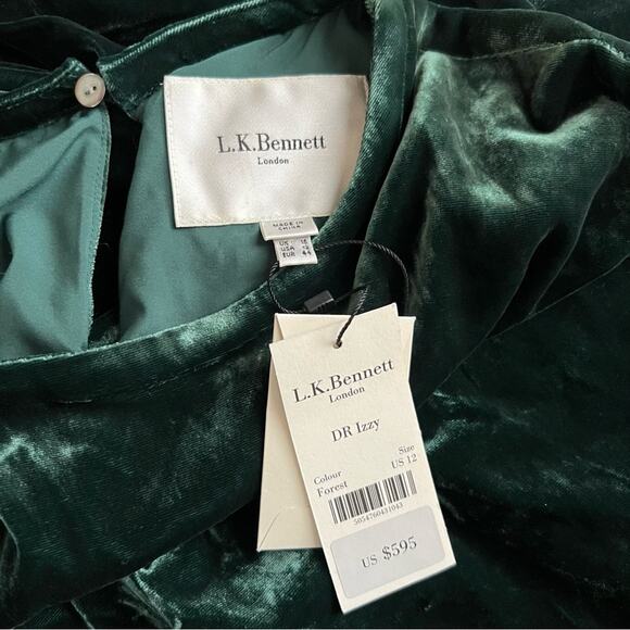 L.K. Bennet Women’s Izzy Forest Green Velvet Ruched long Sleeve Midi Dress 12 - Picture 4 of 11